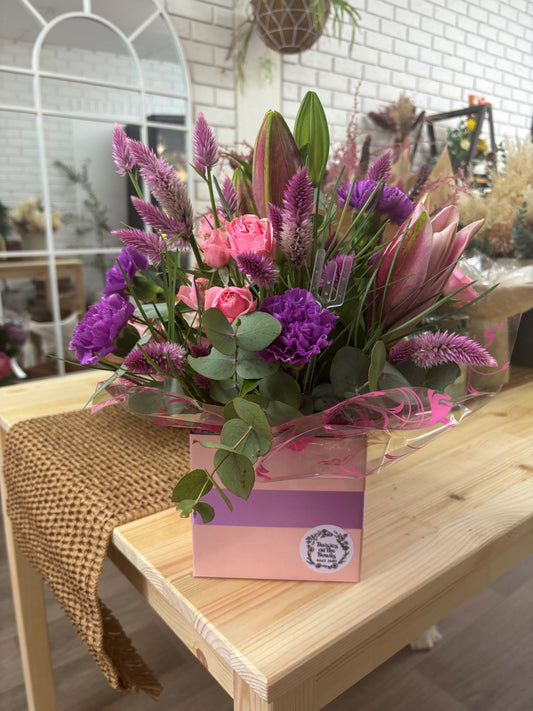 Pretty Pinks & Purples Arrangement in Box